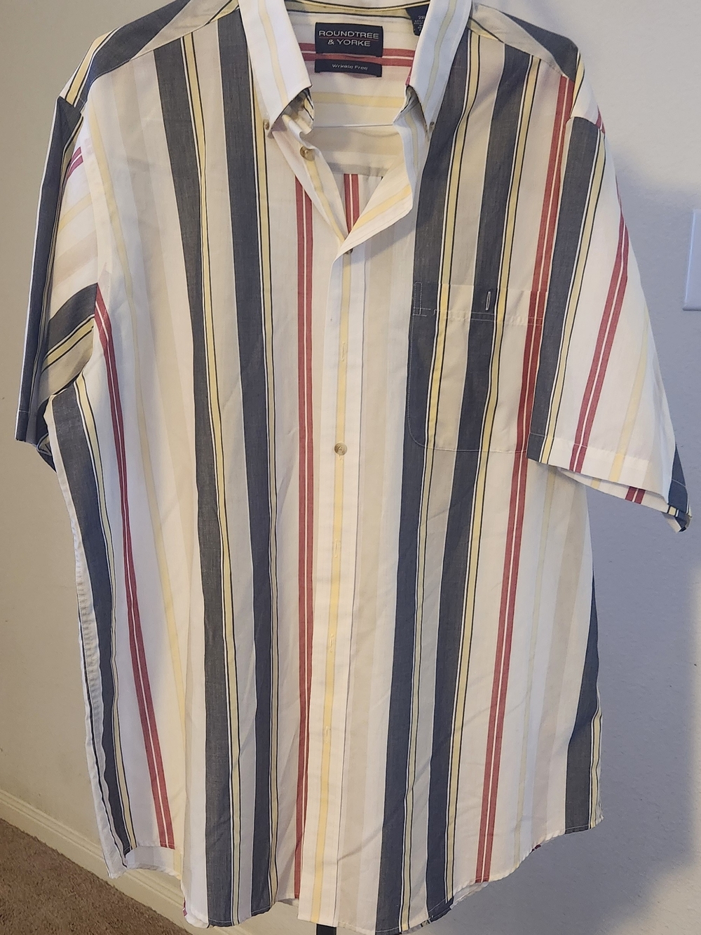 Roundtree & Yorke Short-Sleeve Vertical Stripe Shirt - White, Navy, Red, Yellow